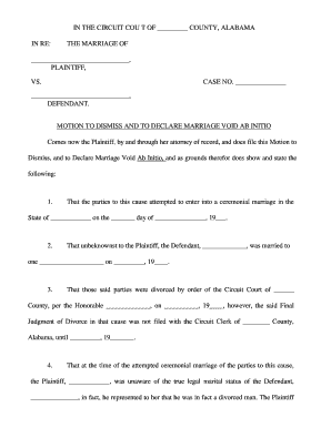 Alabama Motion to Declare Marriage Void Ab Initio and Judgment of Annulment  Form
