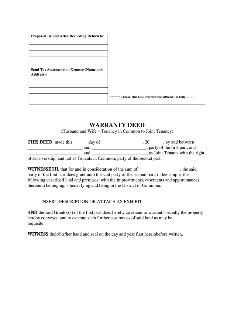 District of Columbia Warranty Deed for Husband and Wife Converting Property from Tenants in Common to Joint Tenancy  Form