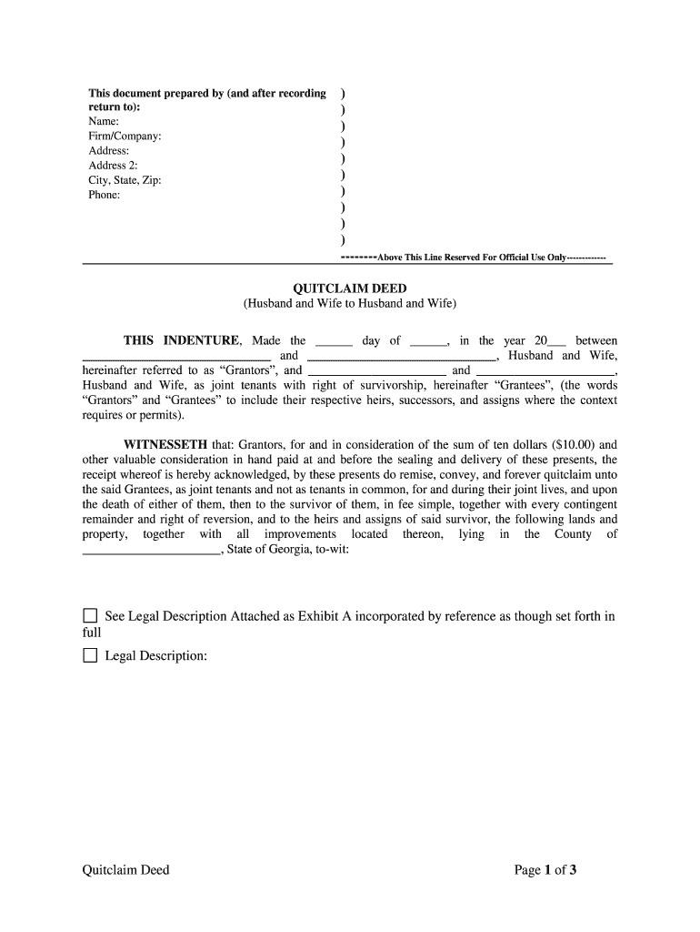 Georgia Quitclaim Deed from Husband and Wife to Husband and Wife  Form