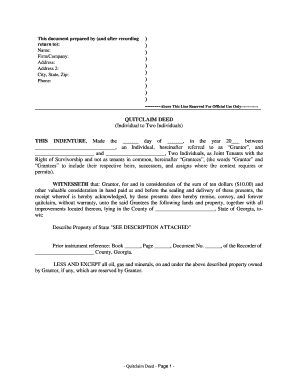 Georgia Quitclaim Deed from Individual to Two Individuals in Joint Tenancy  Form