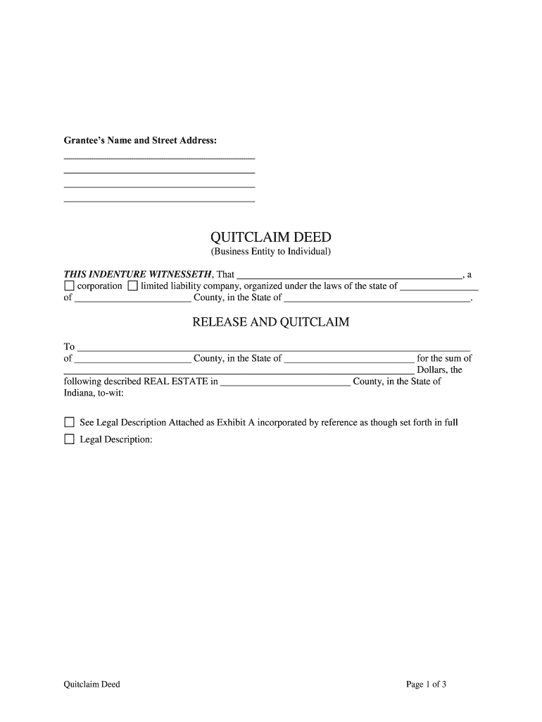 Indiana Quitclaim Deed Business Entity Grantor by Attorney in Fact to Individual Grantee  Form