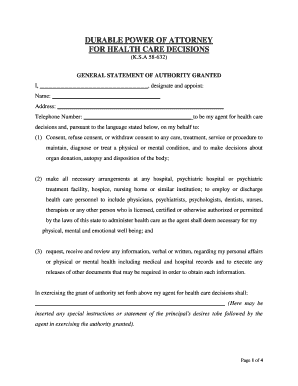 Kansas Statutory Durable Power of Attorney for Health Care  Form