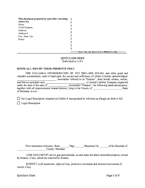 Montana Quitclaim Deed from Individual to LLC  Form