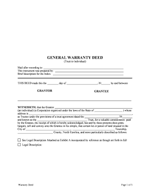 North Carolina General Warranty Deed Trust to Individual  Form