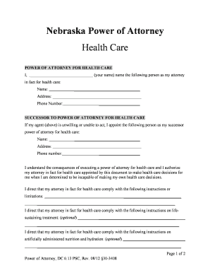 Nebraska Power of Attorney for Health Care Statutory Form