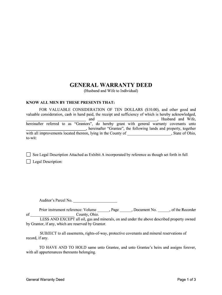 Ohio General Warranty Deed from Husband and Wife to an Individual  Form