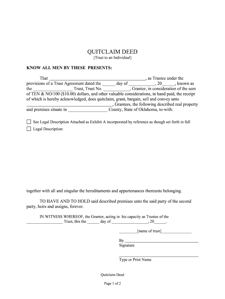 Oklahoma Quitclaim Deed Trust to an Individual  Form