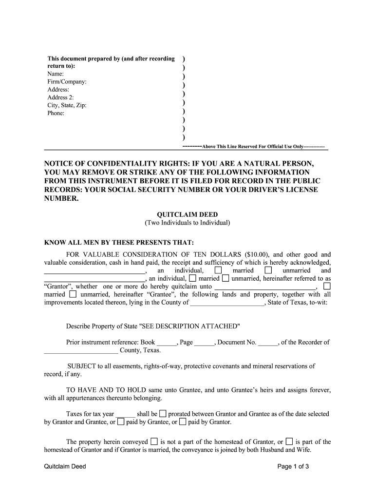 Texas Quitclaim Deed  Form