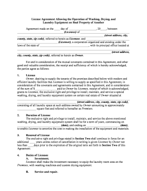 License Agreement Allowing the Operation of Washing, Drying, and Laundry Equipment on Real Property of Another  Form