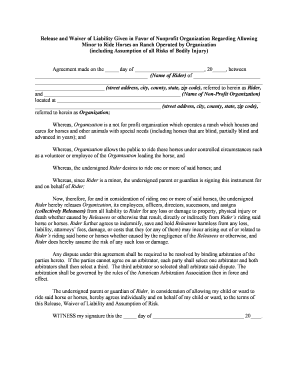 Release and Waiver of Liability Given in Favor of Nonprofit Organization Regarding Allowing Minor to Ride Horses on Ranch Operat  Form