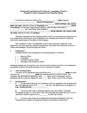 Employment Agreement with a Security, Investigator, Personal Protection, and or Overseas Force Protection Officer  Form