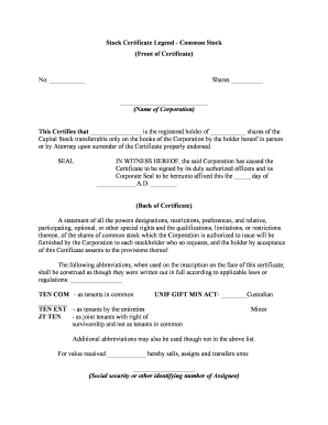 Stock Certificate  Form