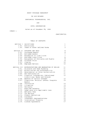 Sample Asset Purchase Agreement between Centennial  Form