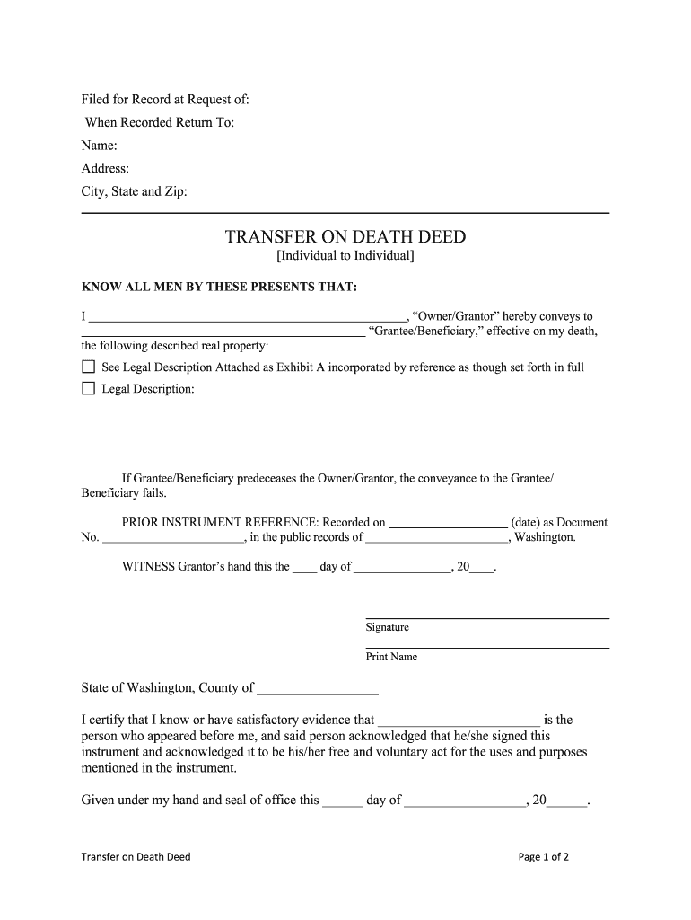 Washington Transfer on Death Quitclaim Deed from Individual to Individual Without Provision for Successor Beneficiary  Form