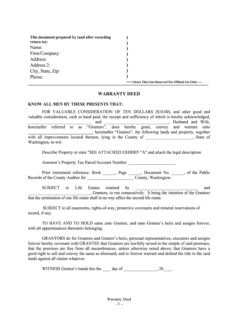 Washington Warranty Deed for Parents to Child with Reservation of Life Estate  Form