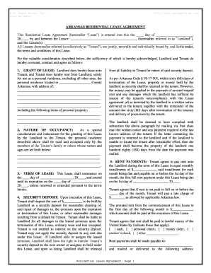 Arkansas Residential Rental Lease Agreement  Form