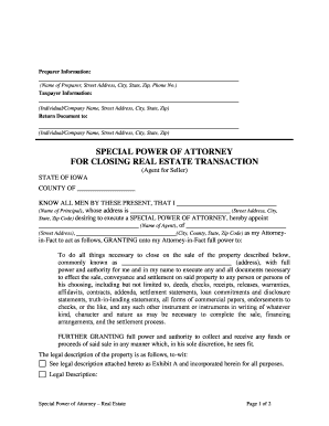 Iowa Special or Limited Power of Attorney for Real Estate Sales Transaction by Seller  Form