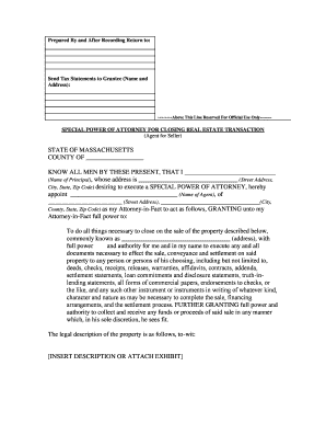 Massachusetts Special or Limited Power of Attorney for Real Estate Sales Transaction by Seller  Form