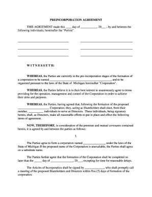 Michigan Michigan Pre Incorporation Agreement, Shareholders Agreement and Confidentiality Agreement  Form