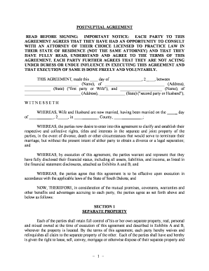 South Dakota Postnuptial Agreement  Form