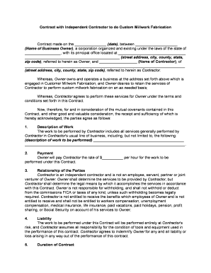 Contract with Independent Contractor to Do Custom Millwork Fabrication  Form