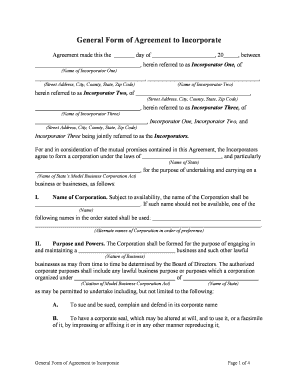 General Form of Agreement to Incorporate
