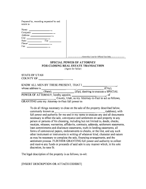 Utah Special or Limited Power of Attorney for Real Estate Sales Transaction by Seller  Form