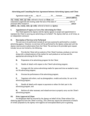 Advertising and Consulting Services Agreement between Advertising Agency and Client General Marketing Consultant Agreement  Form