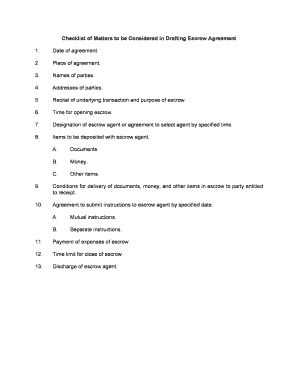 ChecklistMatters to Be Considered in Drafting Escrow Agreement  Form