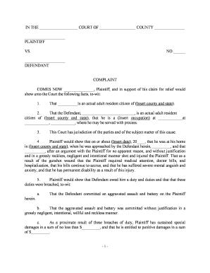 Complaint Regarding Assault and Battery  Form