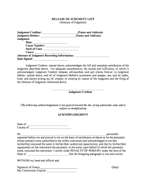 Release of Judgment Lien Abstract of Judgment  Form