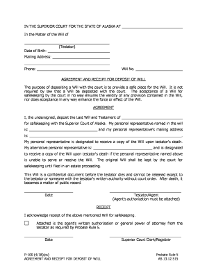 Alaska Agreement and Receipt for Deposit of Will  Form