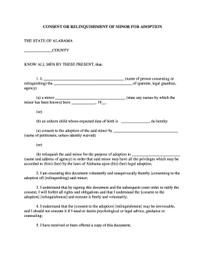 Alabama Consent or Relinquishment of Minor for Adoption Release of Parental Rights  Form