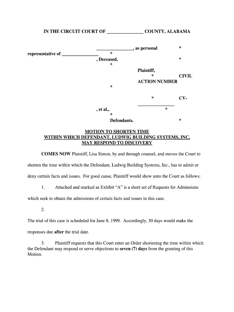 Alabama Motion to Shorten Time  Form