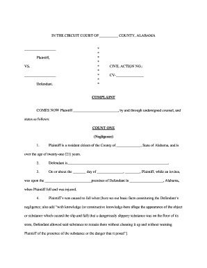 Alabama Complaint for Slip and Fall  Form