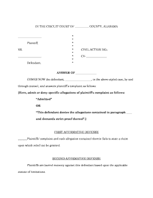 Alabama General Answer to Tort Complaints  Form