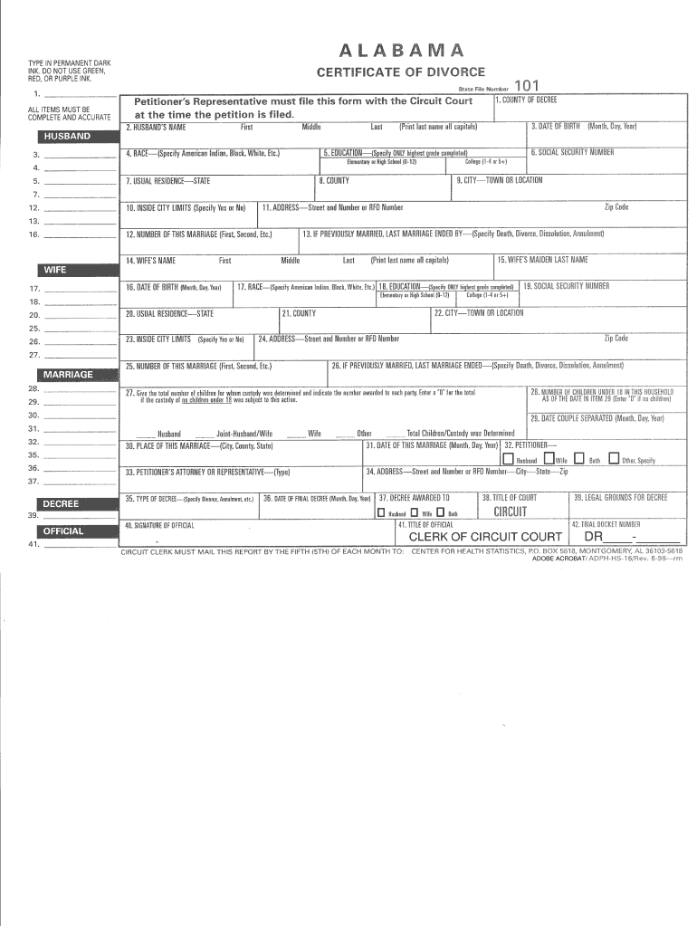 Alabama Certificate of Divorce  Form
