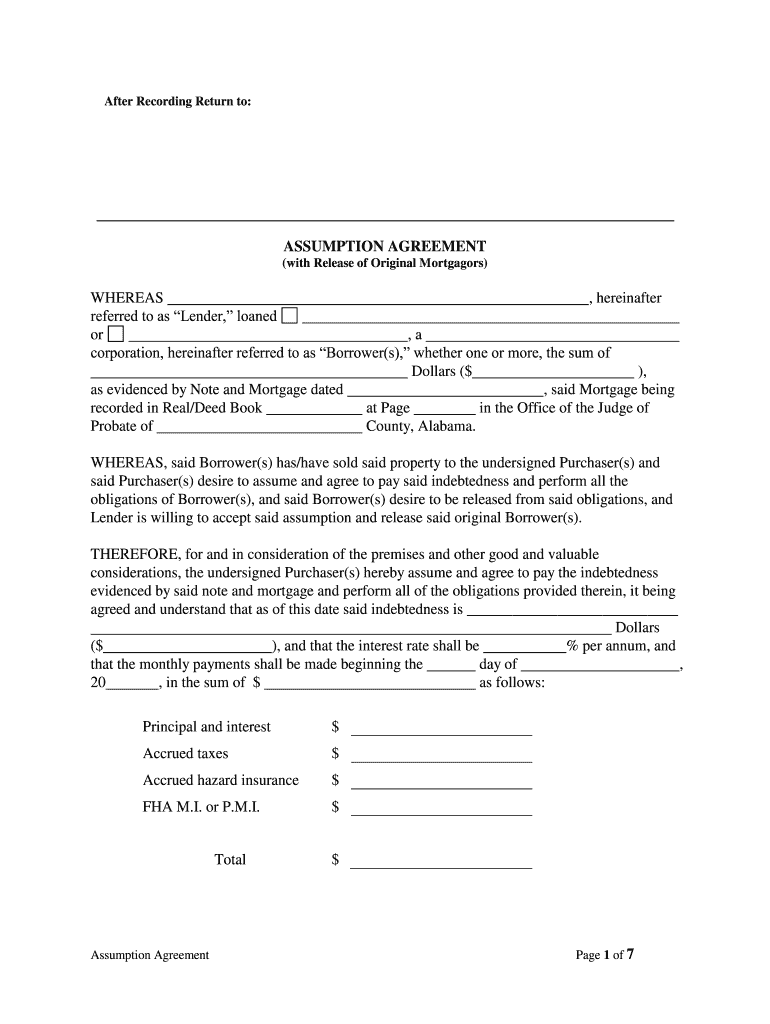 Alabama Assumption Agreement of Mortgage and Release of Original Mortgagors  Form