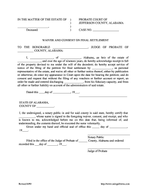 Alabama Waiver and Consent to Final Settlement of Estate by Heir  Form