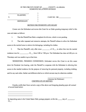 Alabama Motion for Pendente Lite Relief  Form