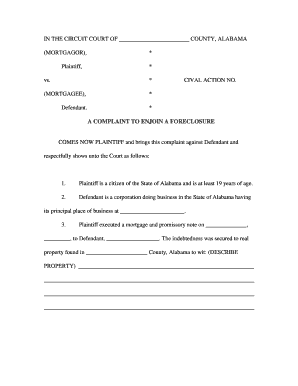 Alabama Complaint to Enjoin a Foreclosure  Form