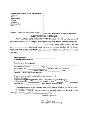 Alabama Satisfaction, Release or Cancellation of Mortgage by Corporation  Form