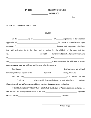 Arkansas Order on Petition for Letters of Administration  Form