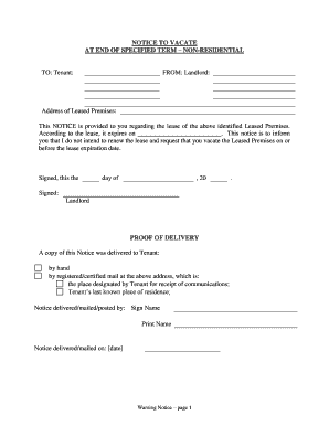 Arizona Notice of Intent Not to Renew at End of Specified Term from Landlord to Tenant for Nonresidential or Commercial Property  Form