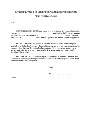 California Notice to Pay Rent or Surrender Possession of the Premises  Form