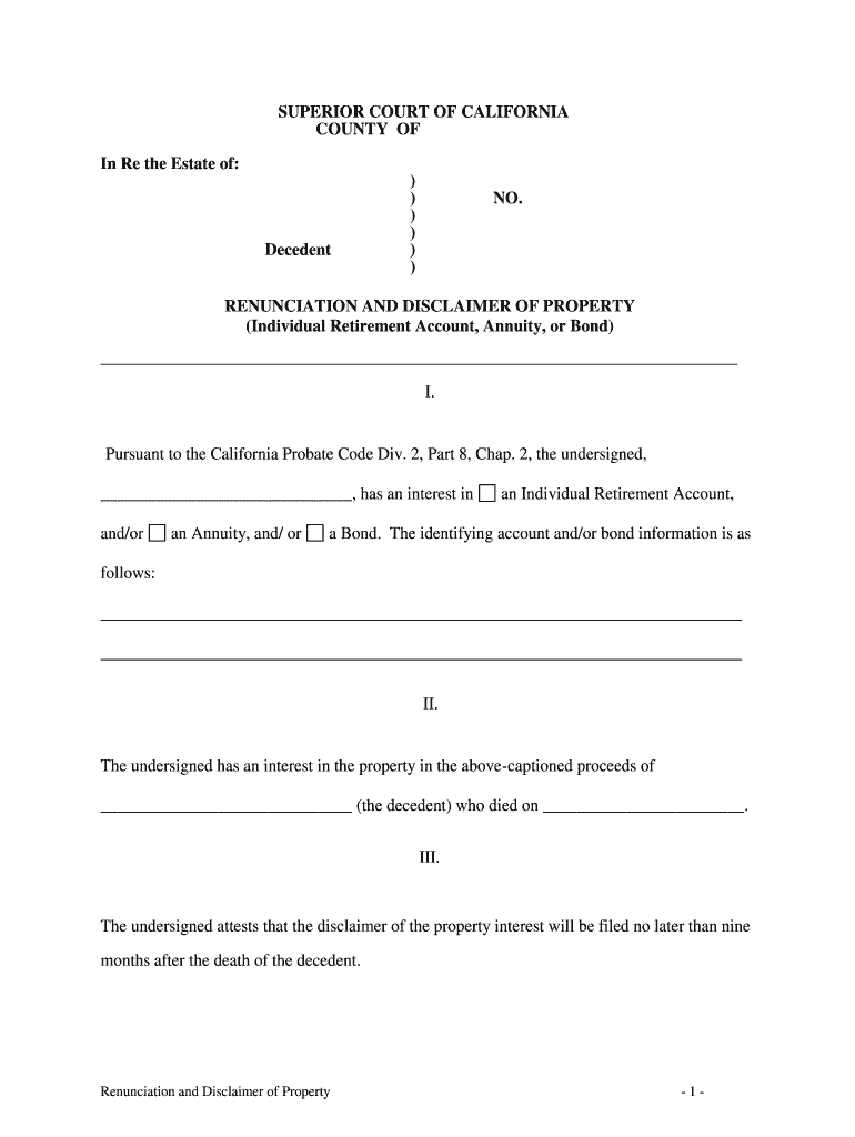 California California Renunciation and Disclaimer of Individual Retirement Account, Annuity, or Bond  Form