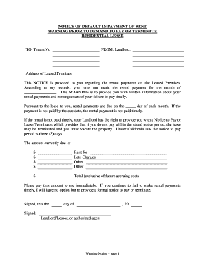 California Notice of Default in Payment of Rent as Warning Prior to Demand to Pay or Terminate for Residential Property  Form