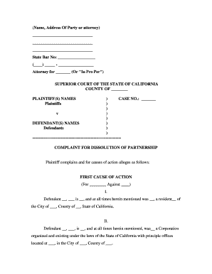 California Complaint for Dissolution of Limited Partnership  Form