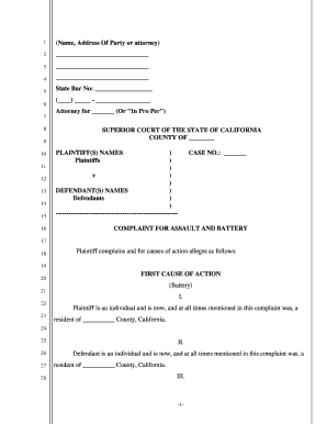 COMPLAINT for ASSAULT and BATTERY  Form