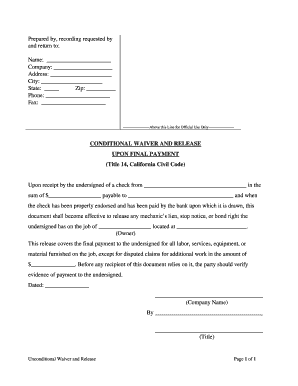 Conditional Waiver and Release on Final Payment California  Form